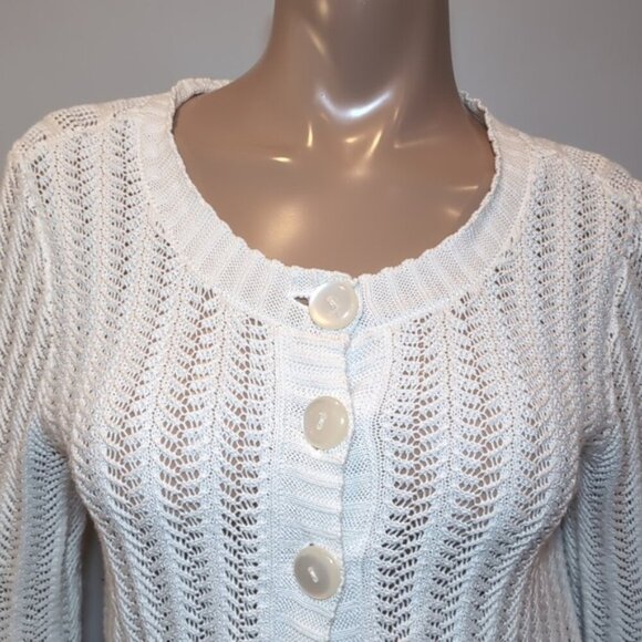 JONES NEW YORK Open Knit Cardigan Sweater Long Sleeve White Spring Buttoned - Picture 2 of 13